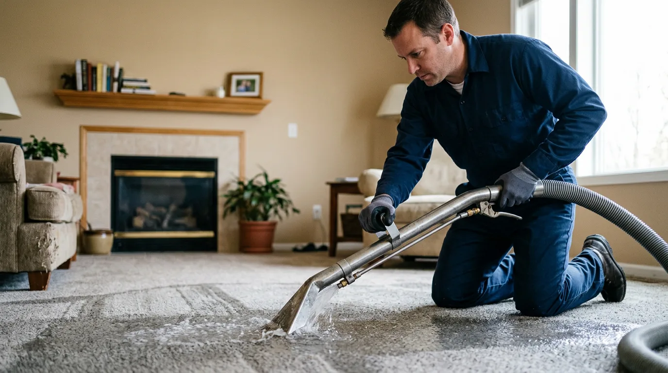 Water damage restoration technician working near Dallas City, IL